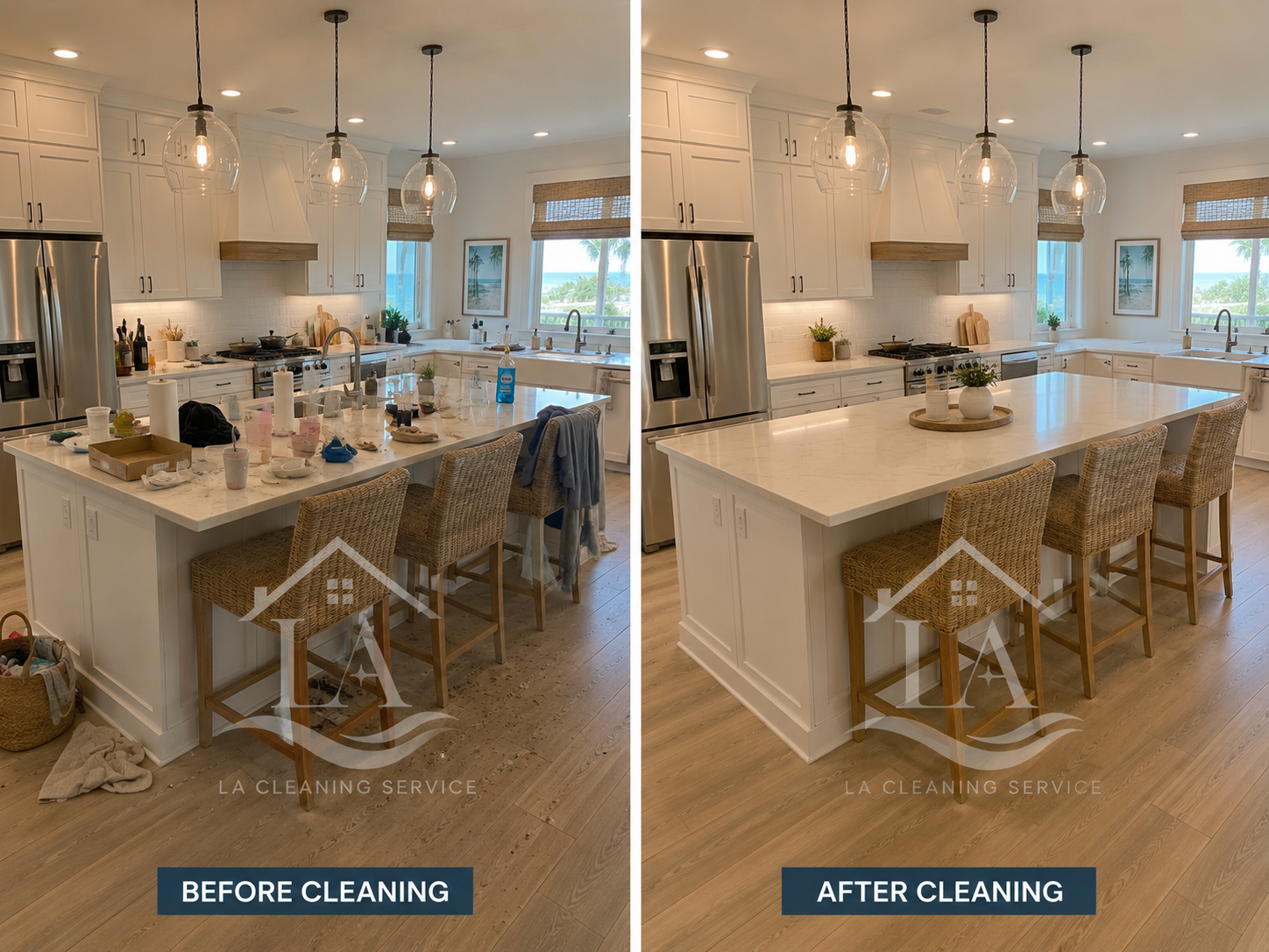 Before and after cleaning of a vacation rental kitchen island in Panama City Beach, cluttered counters reset to polished quartz and guest-ready styling