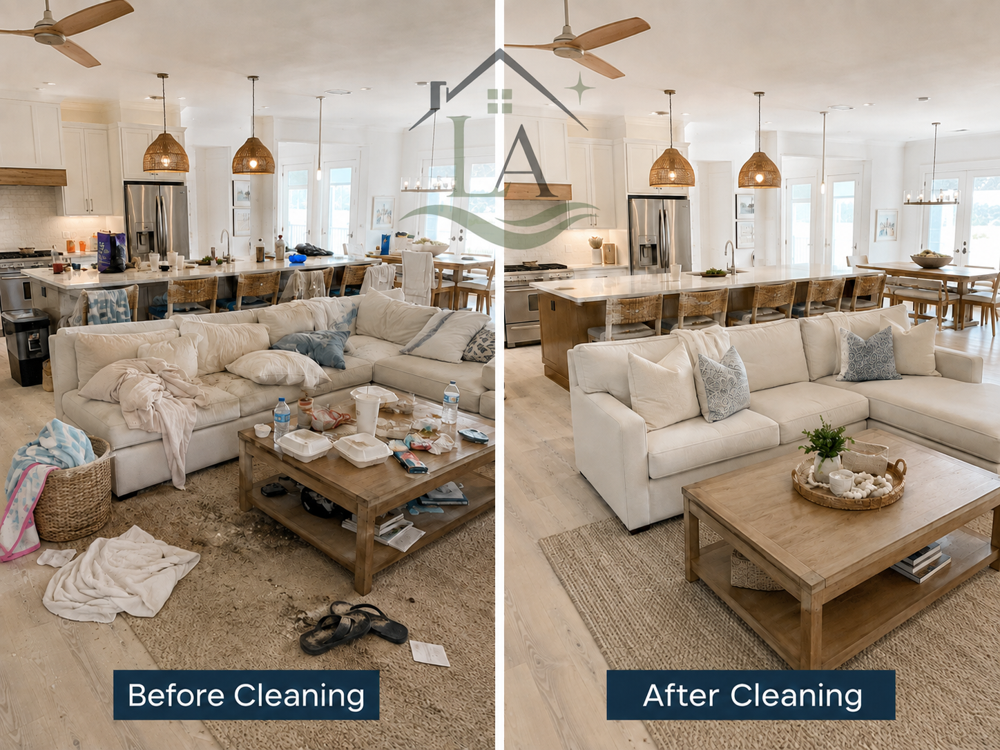 Before and after cleaning of an open living room and kitchen in a Panama City Beach beach home, trash and beach sand replaced by a spotless staged space
